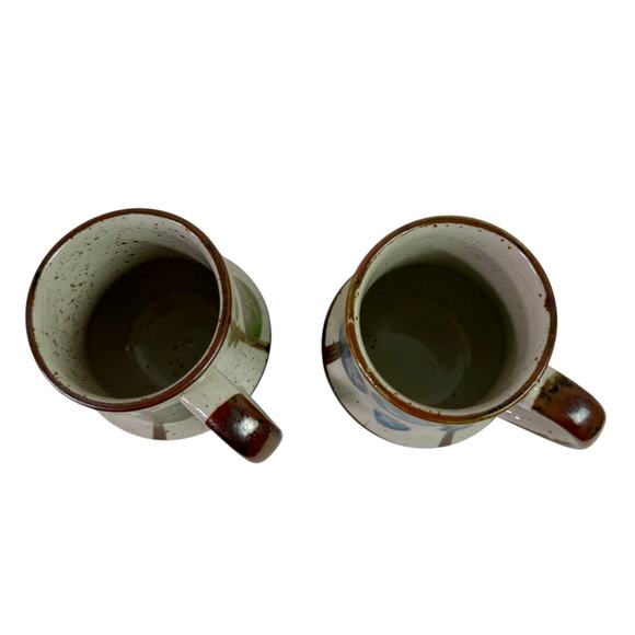 VTG Abstract MCM Set 2 Ceramic Floral Footed Mugs Coffee Cups Blue Green READ - Picture 4 of 9